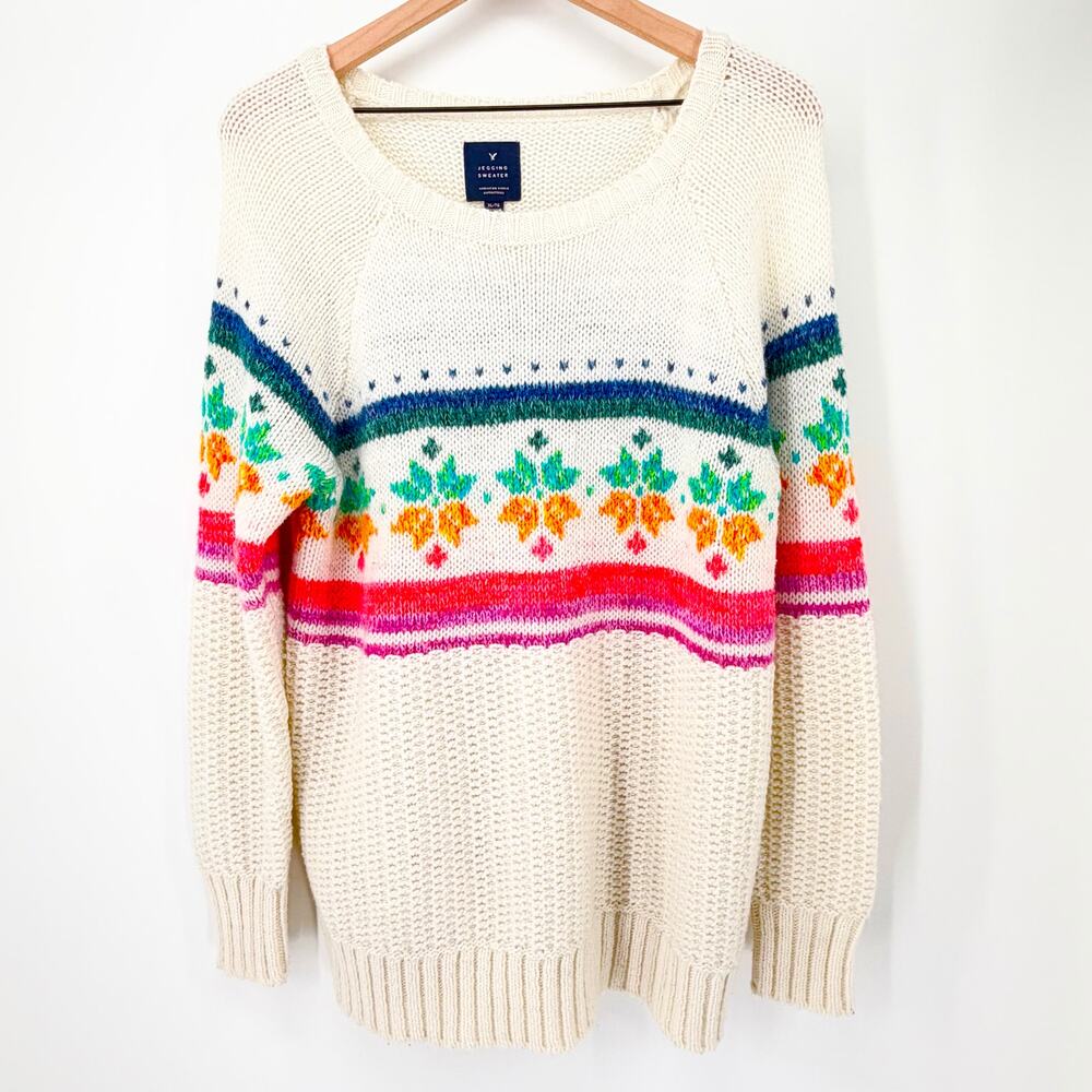 American Eagle Fair Isle Sweater XL Cream Chunky Knit Cozy Legging Holiday Neon